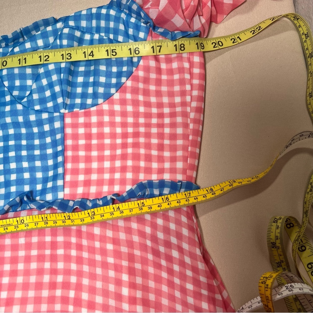 Slate & Willow Gingham Mini Dress Pink & Blue Lined Ruffle Detail Size 14 Flirty - Picture 10 of 16